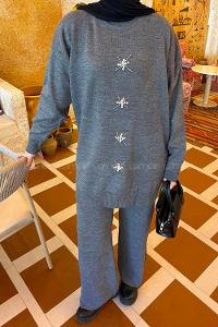 Lamelif İnci İşlemeli Tesettür Takım Füme