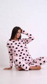 Lamelif Kalp Detaylı Pijama Takımı Pudra Rengi