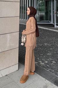 Lamelif Kalpli Triko Takım Camel