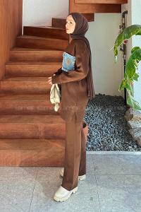 Lamelif Cep Detaylı Triko Takım Acı Kahve