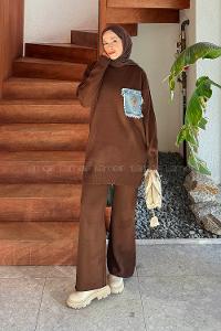 Lamelif Cep Detaylı Triko Takım Acı Kahve