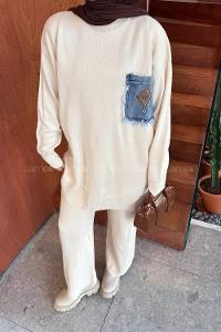 Beige Crew Neck Long Arm Acrylic Knitwear Regular Trousers Comfortable Suit