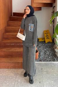 Lamelif Cep Detaylı Triko Takım Füme