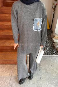 Lamelif Cep Detaylı Triko Takım Füme