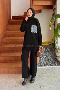 Lamelif Cep Detaylı Triko Takım Siyah