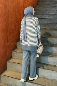 Lamelif Çizgili Balıkçı Yaka Triko Takım Füme