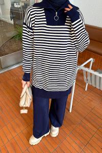 Lamelif Çizgili Balıkçı Yaka Triko Takım Lacivert