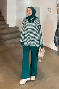 Lamelif Çizgili Balıkçı Yaka Triko Takım Zümrüt