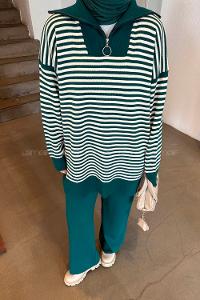 Lamelif Çizgili Balıkçı Yaka Triko Takım Zümrüt