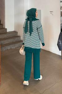 Lamelif Çizgili Balıkçı Yaka Triko Takım Zümrüt