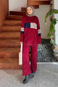 Lamelif Desenli Triko Takım Bordo