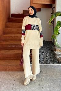 Lamelif Desenli Triko Takım Krem