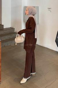 Lamelif Kurdela Detaylı Triko Takım Acı Kahve