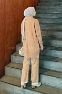 Camel Shirt Collar Long Arm Acrylic Knitwear Regular Trousers Comfortable Suit