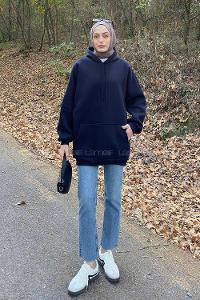 Lamelif Üç İplik Kanguru Cep Sweatshirt Lacivert