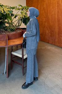 Lamelif Yakası Taşlı Triko Takım Gri