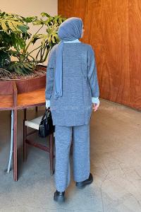 Lamelif Yakası Taşlı Triko Takım Gri