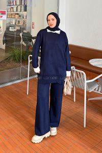 Lamelif Yakası Taşlı Triko Takım Lacivert