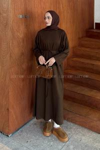 Lamelif Bağlama Detaylı Elbise Acı Kahve