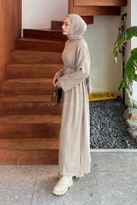 Lamelif Bağlama Detaylı Elbise Taş Rengi