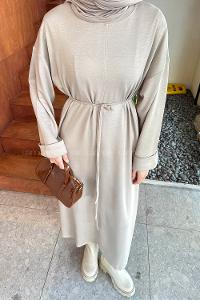 Lamelif Bağlama Detaylı Elbise Taş Rengi