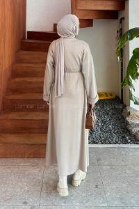 Lamelif Bağlama Detaylı Elbise Taş Rengi