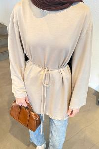 Beige Crew Neck Cotton Tunic