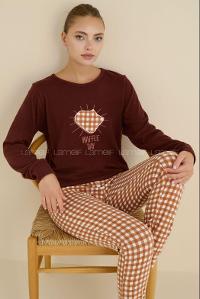 Lamelif Bisiklet Yaka Luxury Thermal Pijama Takımı Kahverengi