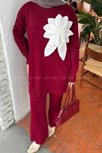 Lamelif Çiçek Aksesuarlı Triko Takım Bordo