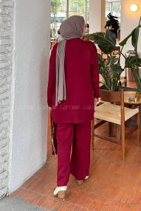 Lamelif Çiçek Aksesuarlı Triko Takım Bordo