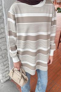 Lamelif Çizgili Sweat Vizonrengi