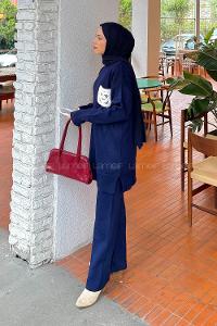 Navy Blue Crew Neck Long Arm Knitwear Regular Trousers Comfortable Suit
