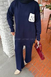 Navy Blue Crew Neck Long Arm Knitwear Regular Trousers Comfortable Suit