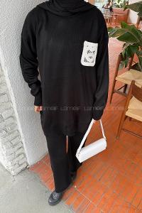 Lamelif Dantel Cep Detaylı Triko Takım Siyah