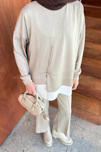 Lamelif Fermuarlı Garnili Takım Bej