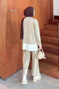 Lamelif Fermuarlı Garnili Takım Bej
