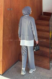 Lamelif Fermuarlı Garnili Takım Gri