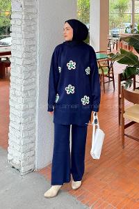 Lamelif İnci Detaylı Triko Takım Lacivert