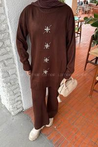 Lamelif İnci İşlemeli Tesettür Takım Acı Kahve