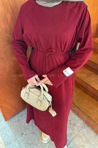 Lamelif Kuşaklı Arma Detaylı Elbise Bordo