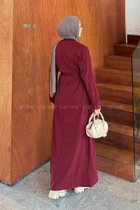 Lamelif Kuşaklı Arma Detaylı Elbise Bordo