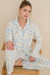Lamelif Yakalı Düğmeli Pijama Takımı Beyaz