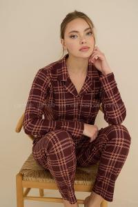 Lamelif Yakalı Düğmeli Pijama Takımı Bordo-Ekose