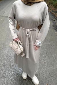 Lamelif Arma Detaylı Elbise Bej