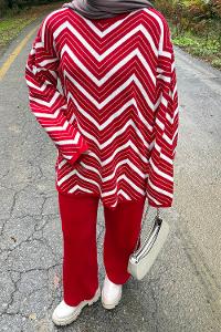 Lamelif Çizgi Detaylı Triko Takım Nar Çiçeği