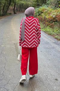 Lamelif Çizgi Detaylı Triko Takım Nar Çiçeği