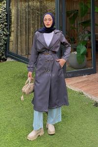 Lamelif Kuşaklı Omuz Apoletli Trençkot Antrasit