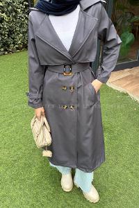 Lamelif Kuşaklı Omuz Apoletli Trençkot Antrasit