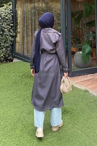 Lamelif Kuşaklı Omuz Apoletli Trençkot Antrasit