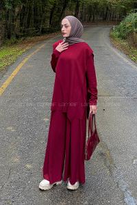 Claret Red Normal Neck Long Arm Cotton Elastan Regular Trousers Comfortable Suit